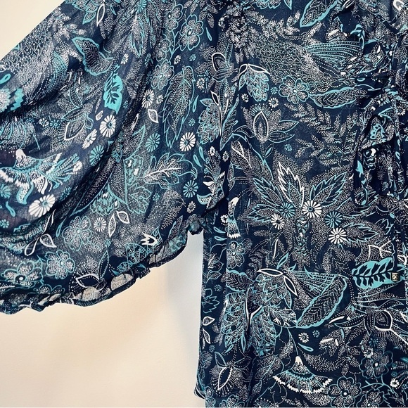 Anthropologie Sheer Floral Long Balloon Sleeve Lace Up Blue Peasant Blouse Top - Picture 8 of 11